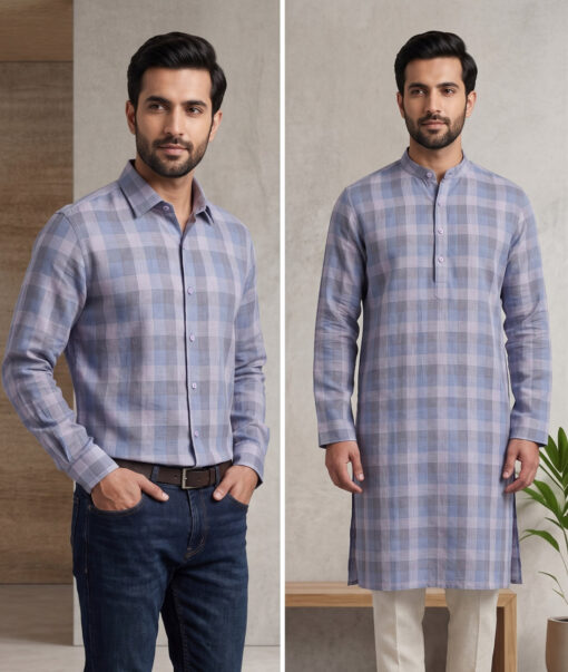Linen Club 60 LEA European Linen Checks Shirting Fabric (Blue & Grey) - Image 2
