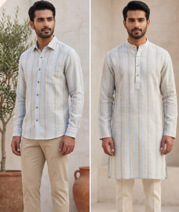 Linen Club 60 LEA European Linen Striped Shirting Fabric (Beige & Arctic Blue) - Image 2