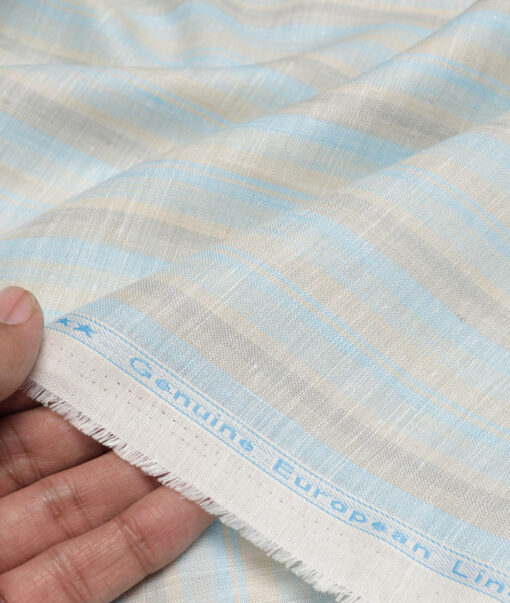 Linen Club 60 LEA European Linen Striped Shirting Fabric (Beige & Arctic Blue)