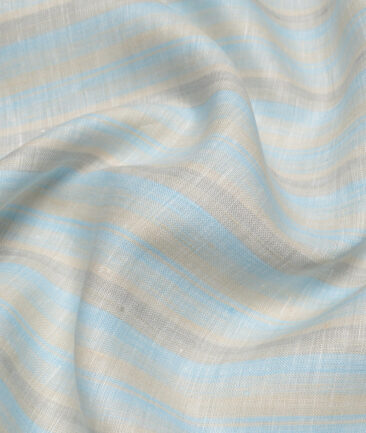 Linen Club 60 LEA European Linen Striped Shirting Fabric (Beige & Arctic Blue)