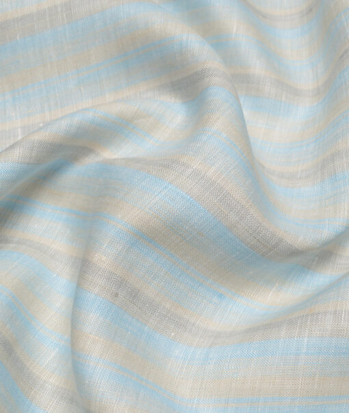 Linen Club 60 LEA European Linen Striped Shirting Fabric (Beige & Arctic Blue)