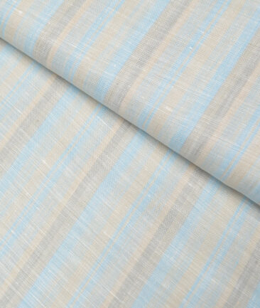 Linen Club 60 LEA European Linen Striped Shirting Fabric (Beige & Arctic Blue)