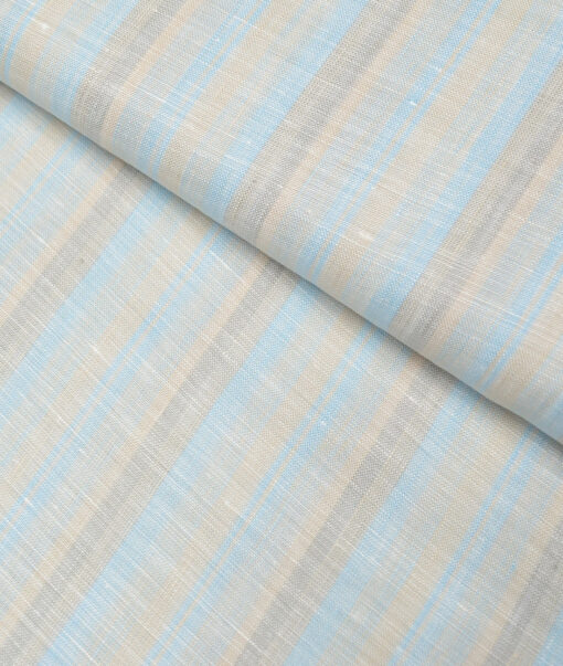 Linen Club 60 LEA European Linen Striped Shirting Fabric (Beige & Arctic Blue)