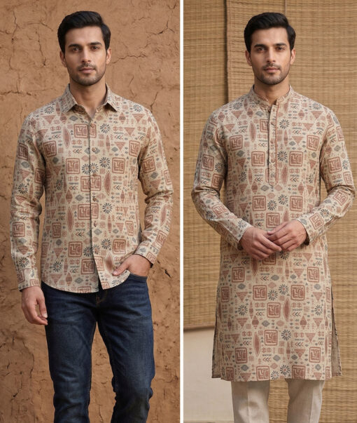 Burgoyne  Irish Linen Printed Shirting Fabric (Beige) - Image 2