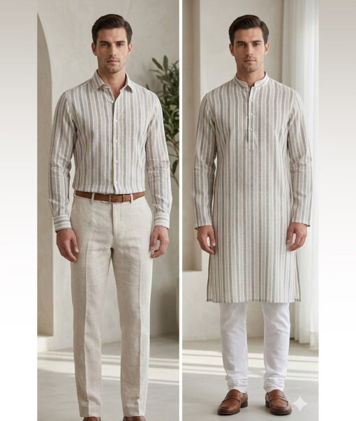 Leggiuno italy 60 LEA Italian Linen Striped Shirting Fabric (Natural Beige & Grey) - Image 2