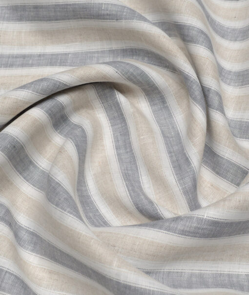 Leggiuno italy 60 LEA Italian Linen Striped Shirting Fabric (Natural Beige & Grey)