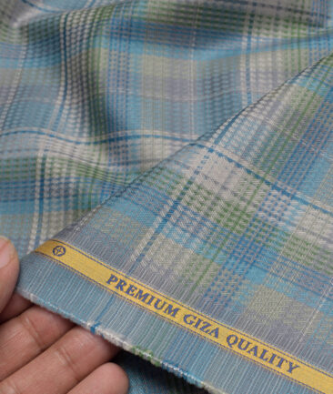 Soktas  Giza Cotton Checks Shirting Fabric (Grey & Green)