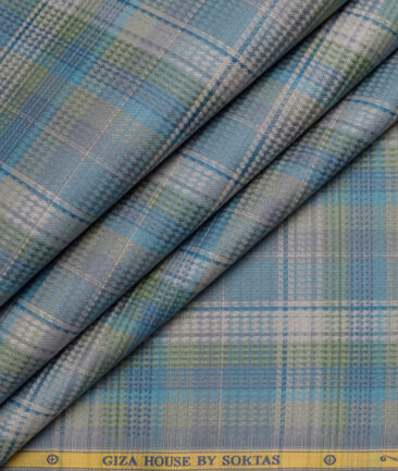 Soktas  Giza Cotton Checks Shirting Fabric (Grey & Green)