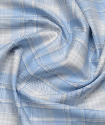 Soktas  Cotton Tencel Checks Shirting Fabric (White & Blue)