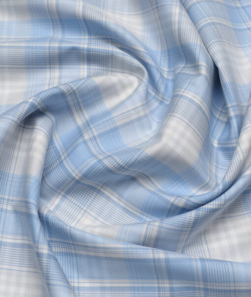 Soktas  Cotton Tencel Checks Shirting Fabric (White & Blue)