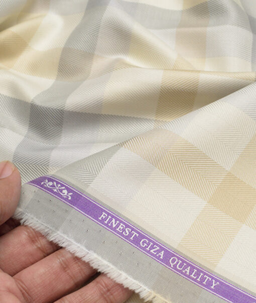 Soktas  Giza Cotton Checks Shirting Fabric (Cream & Grey)