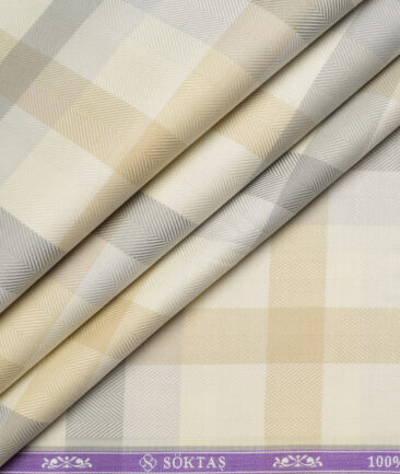 Soktas  Giza Cotton Checks Shirting Fabric (Cream & Grey)