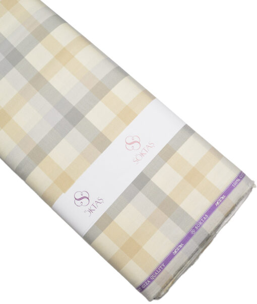 Soktas  Giza Cotton Checks Shirting Fabric (Cream & Grey)