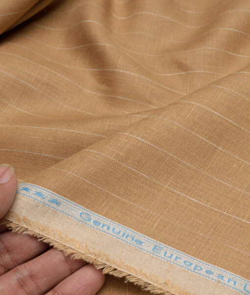 Linen Club Men's Pure Linen 66 LEA Striped  Unstitched Shirting Fabric (Camel Brown) - Image 2