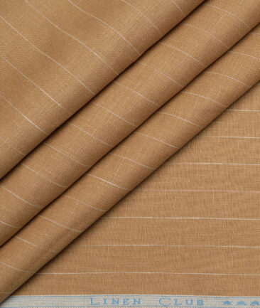 Linen Club Men's Pure Linen 66 LEA Striped  Unstitched Shirting Fabric (Camel Brown)