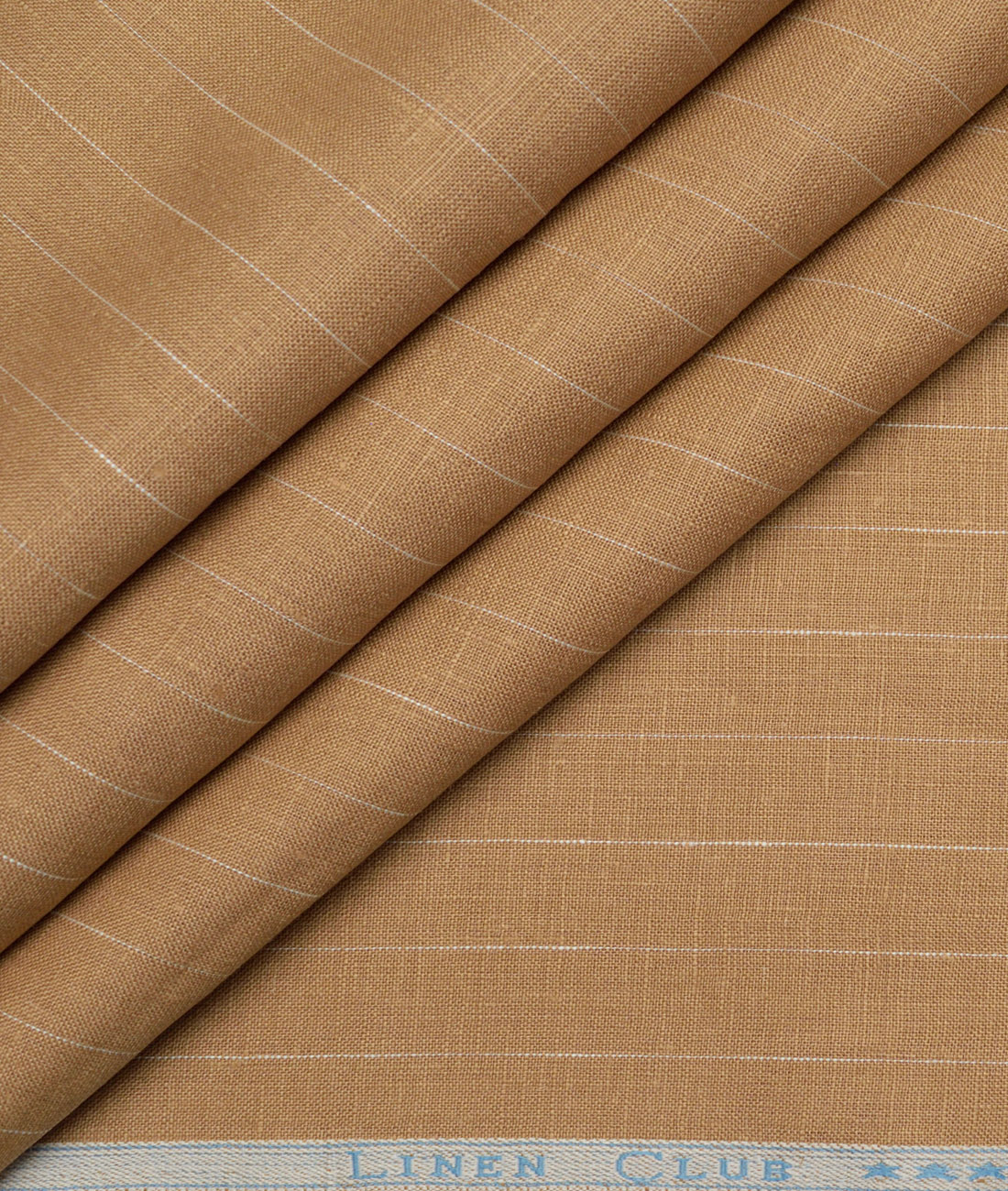 LSABSHLINEN224CAMELBRNWHSTRP66MAY Linen Club Men's Pure Linen 66 LEA Striped Unstitched Shirting Fabric (Camel Brown) - Image 1
