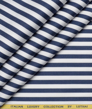 Luthai  Supima Cotton Striped Shirting Fabric (White & Dark Royal Blue)