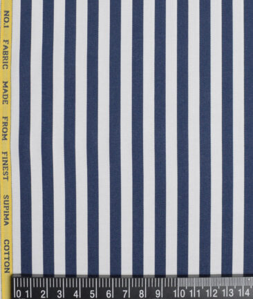 Luthai  Supima Cotton Striped Shirting Fabric (White & Dark Royal Blue)