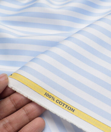 Luthai  Supima Cotton Striped Shirting Fabric (White & Sky Blue)