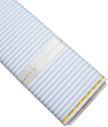 Luthai  Supima Cotton Striped Shirting Fabric (White & Sky Blue)