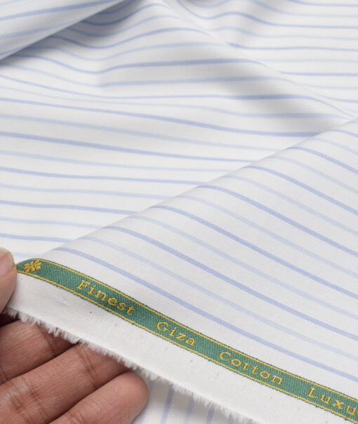 Reid & Taylor  Giza Cotton Striped Shirting Fabric (White & Blue)