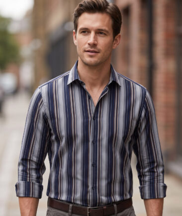 Reid & Taylor  Giza Cotton Striped Shirting Fabric (Dark Royal Blue & Grey) - Image 3