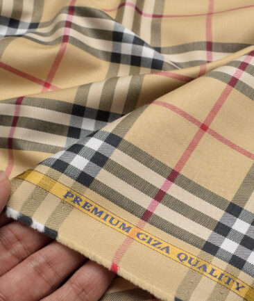 Soktas  Giza Cotton Checks Shirting Fabric (Sunset Beige)