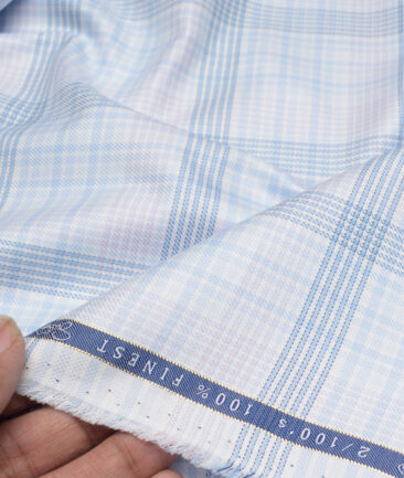 Vercelli Italy 2 Ply 100's Supima Cotton Checks Shirting Fabric (White & Blue)