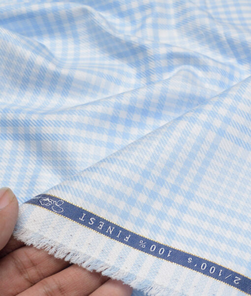Vercelli Italy 2 Ply 100's Supima Cotton Checks Shirting Fabric (White & Blue)