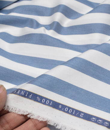 Vercelli Italy 2 Ply 100's Supima Cotton Striped Shirting Fabric (White & Blue)