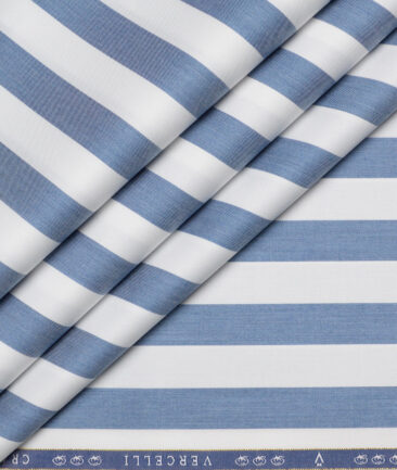 Vercelli Italy 2 Ply 100's Supima Cotton Striped Shirting Fabric (White & Blue)