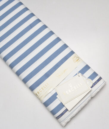 Vercelli Italy 2 Ply 100's Supima Cotton Striped Shirting Fabric (White & Blue)