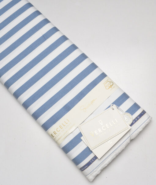 Vercelli Italy 2 Ply 100's Supima Cotton Striped Shirting Fabric (White & Blue)