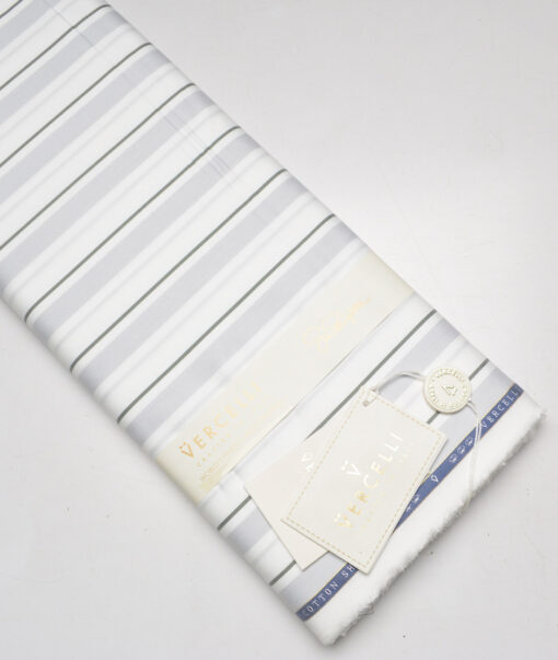 Vercelli Italy 2 Ply 100's Supima Cotton Striped Shirting Fabric (White & Green)