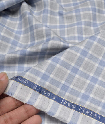 Vercelli Italy 2 Ply 100's Supima Cotton Checks Shirting Fabric (Grey & Blue)