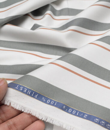 Vercelli Italy 2 Ply 100's Supima Cotton Striped Shirting Fabric (White & Grey)