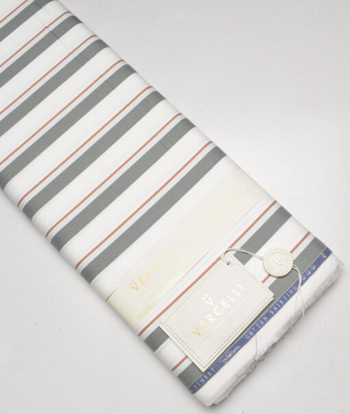 Vercelli Italy 2 Ply 100's Supima Cotton Striped Shirting Fabric (White & Grey)