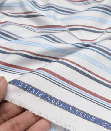 Vercelli Italy 2 Ply 100's Supima Cotton Striped Shirting Fabric (White & Blue)