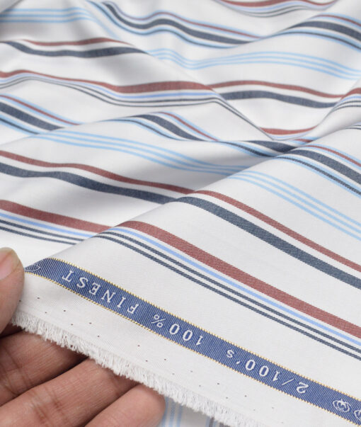 Vercelli Italy 2 Ply 100's Supima Cotton Striped Shirting Fabric (White & Blue)