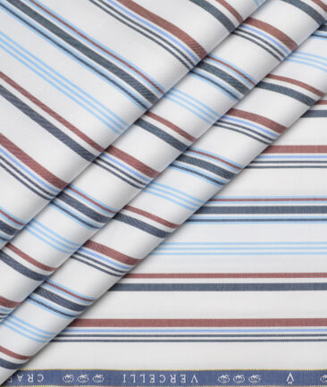 Vercelli Italy 2 Ply 100's Supima Cotton Striped Shirting Fabric (White & Blue)