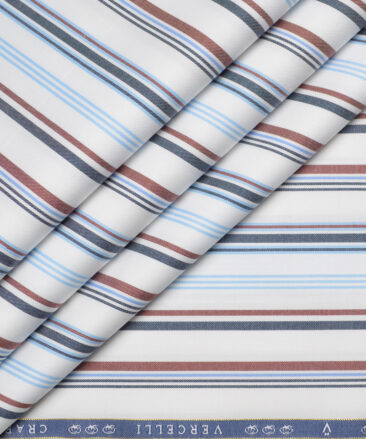 Vercelli Italy 2 Ply 100's Supima Cotton Striped Shirting Fabric (White & Blue)