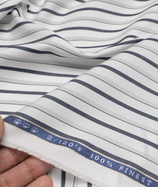 Vercelli Italy 2 Ply 120's Supima Cotton Striped Shirting Fabric (White and Grey)
