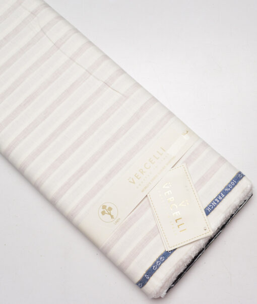 Vercelli Italy 80 LEA French Linen Striped Shirting Fabric (Cream & Turkish Rose)