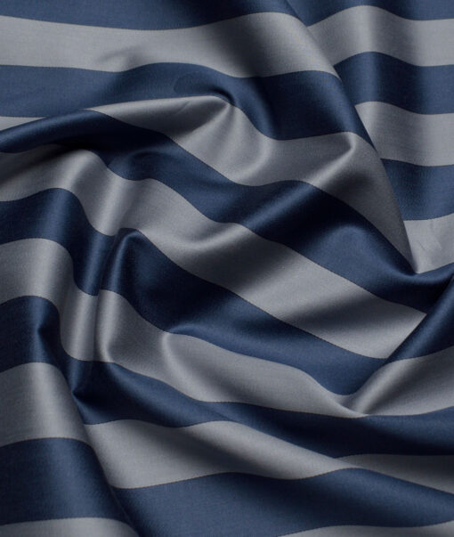 Tessitura Monti 2 Ply 70's Giza Cotton Striped Shirting Fabric (Silver Grey & Blue)