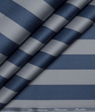 Tessitura Monti 2 Ply 70's Giza Cotton Striped Shirting Fabric (Silver Grey & Blue)