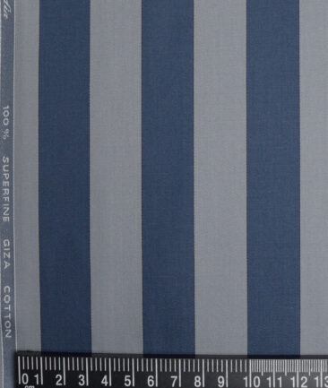 Tessitura Monti 2 Ply 70's Giza Cotton Striped Shirting Fabric (Silver Grey & Blue)