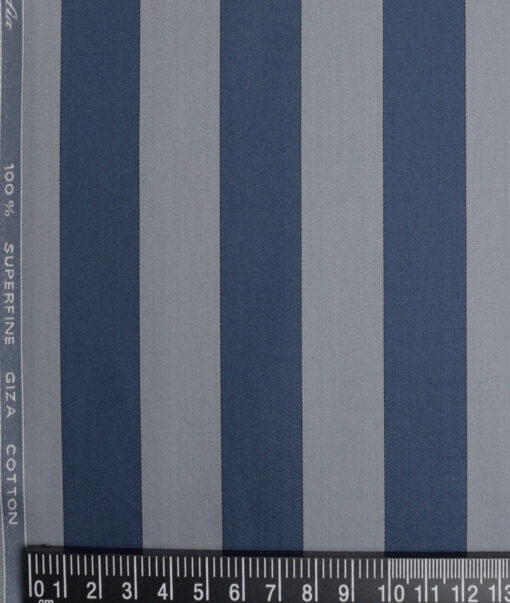 Tessitura Monti 2 Ply 70's Giza Cotton Striped Shirting Fabric (Silver Grey & Blue)