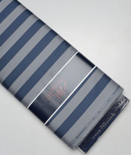 Tessitura Monti 2 Ply 70's Giza Cotton Striped Shirting Fabric (Silver Grey & Blue)