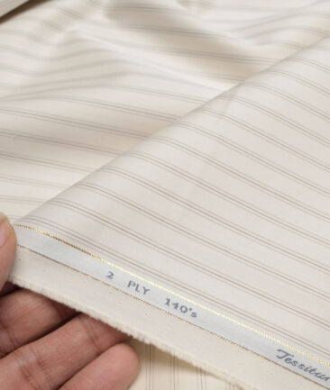Tessitura Monti 2 Ply 140's Supima Cotton Striped Shirting Fabric (Cream & Grey)