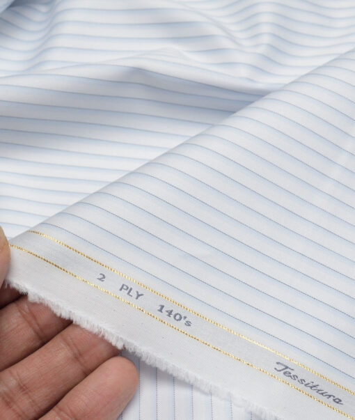 Tessitura Monti 2 Ply 140's Supima Cotton Striped Shirting Fabric (White & Sky Blue)